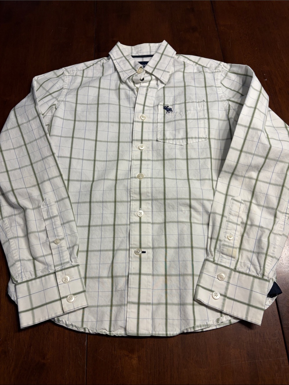 Abercrombie & Fitch White Button-Down Shirt with Green Windowpane and Navy Logo